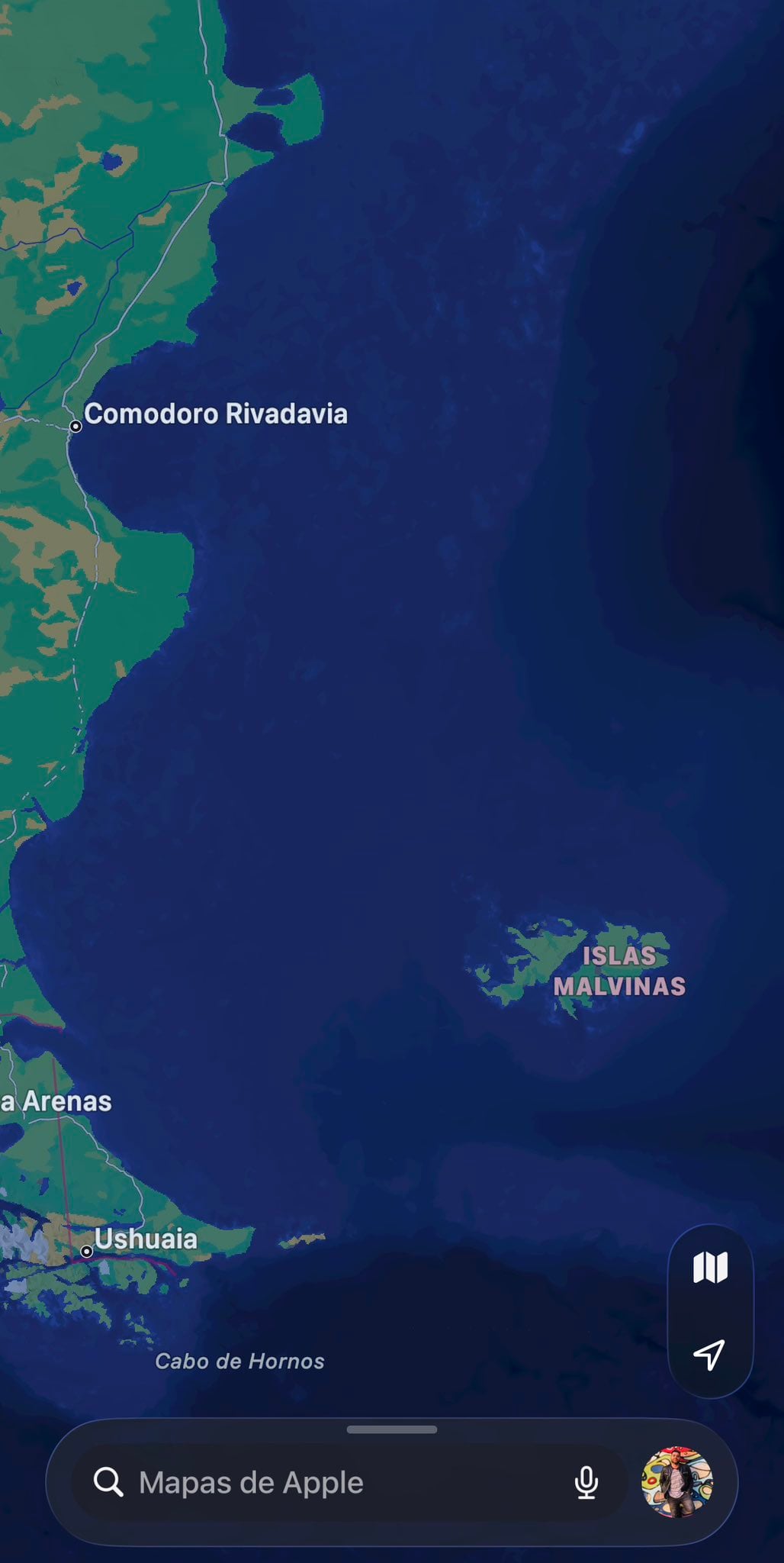 Captura de pantalla de las Islas Malvinas en Apple Maps. Fuente: X
