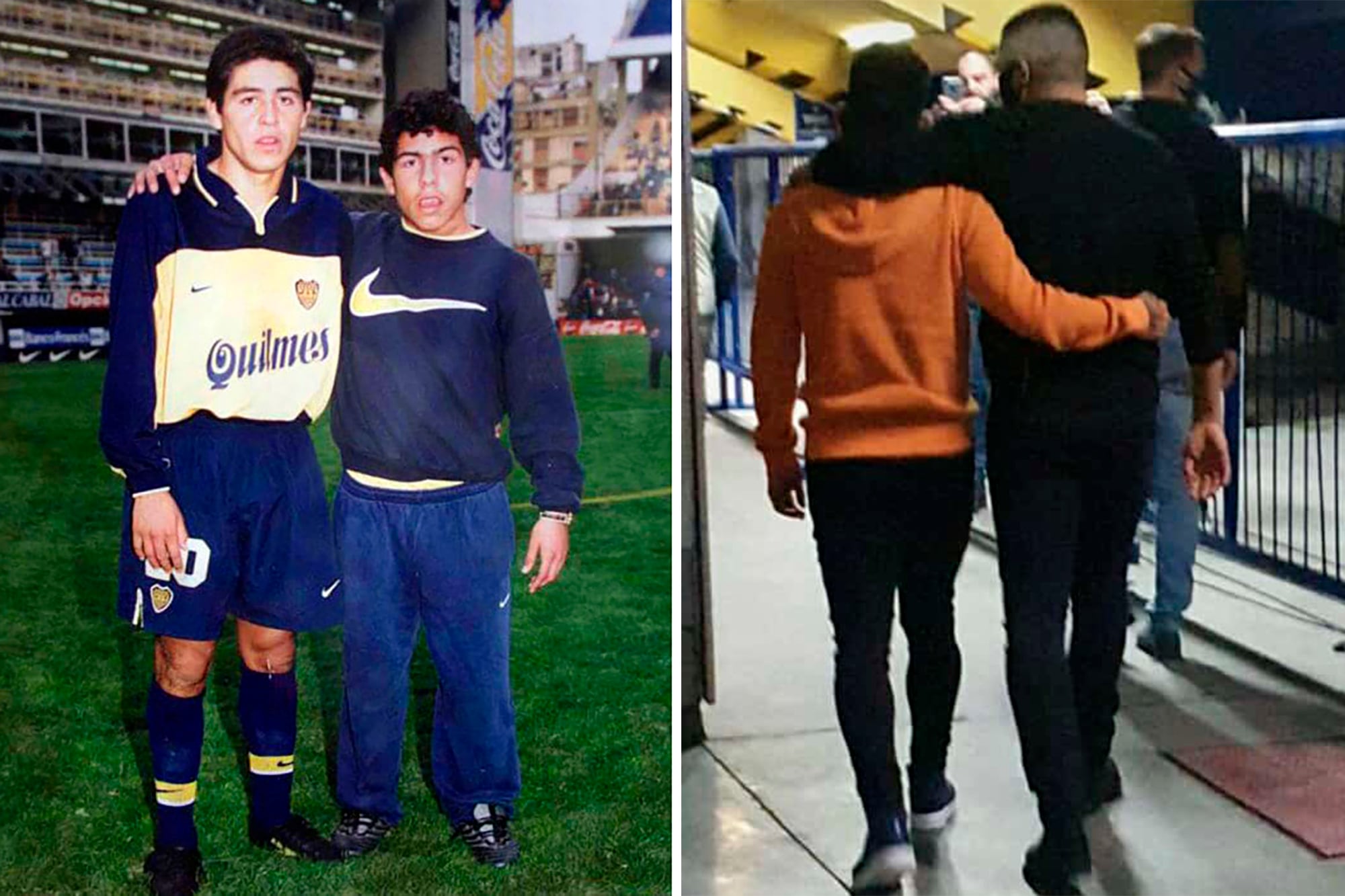 Un Tevez alcanzapelotas con un Riquelme jugador, a mediados de los noventas, y un Carlos recientemente retirado con un Román dirigente en 2021, cuando éste lo acompañó a la salida tras su decisión de dejar el fútbol.