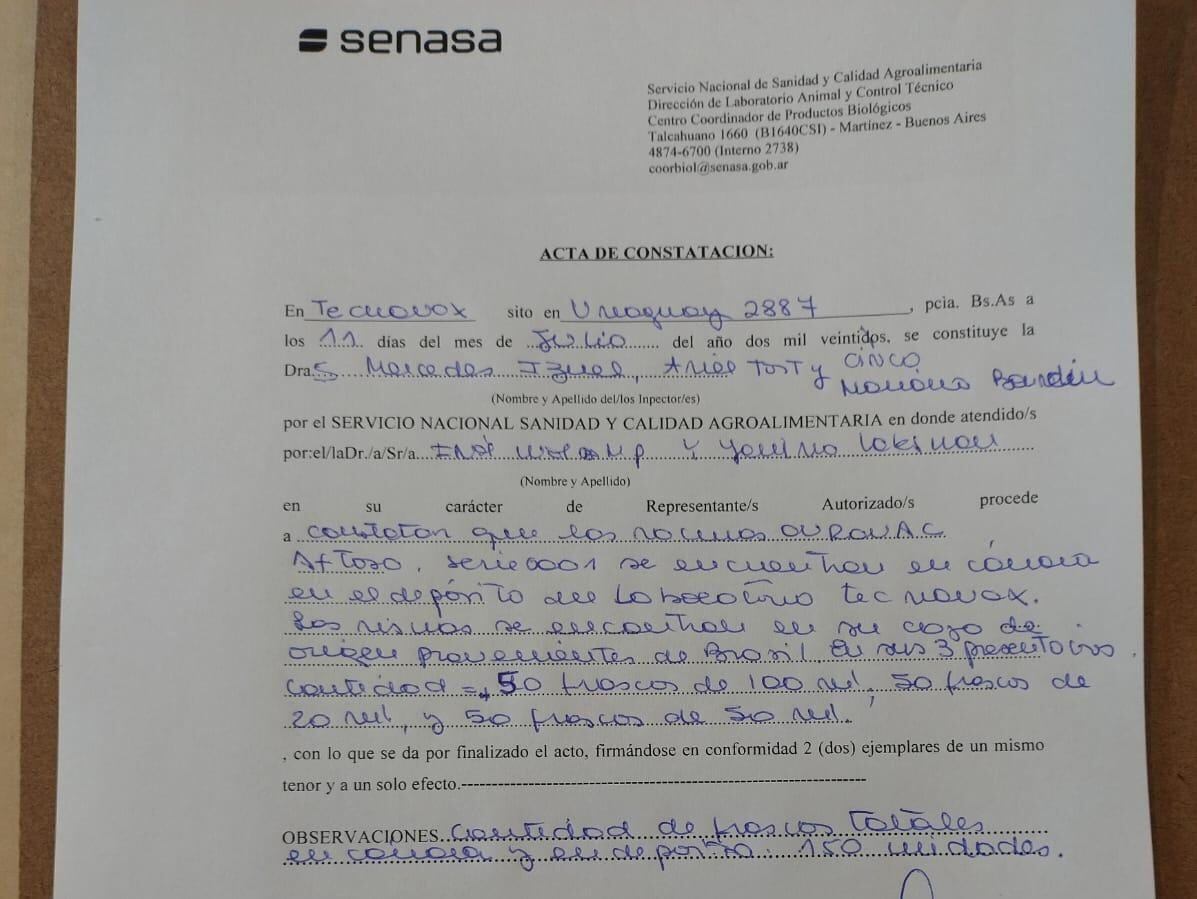 El acta que consta que parte de las dosis están en Tecnovax y no fueron destruidas