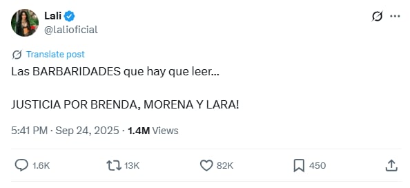 Lali Espósito también se sumó con un fuerte posteo en sus cuentas oficiales (Captura: X @lalioficial)