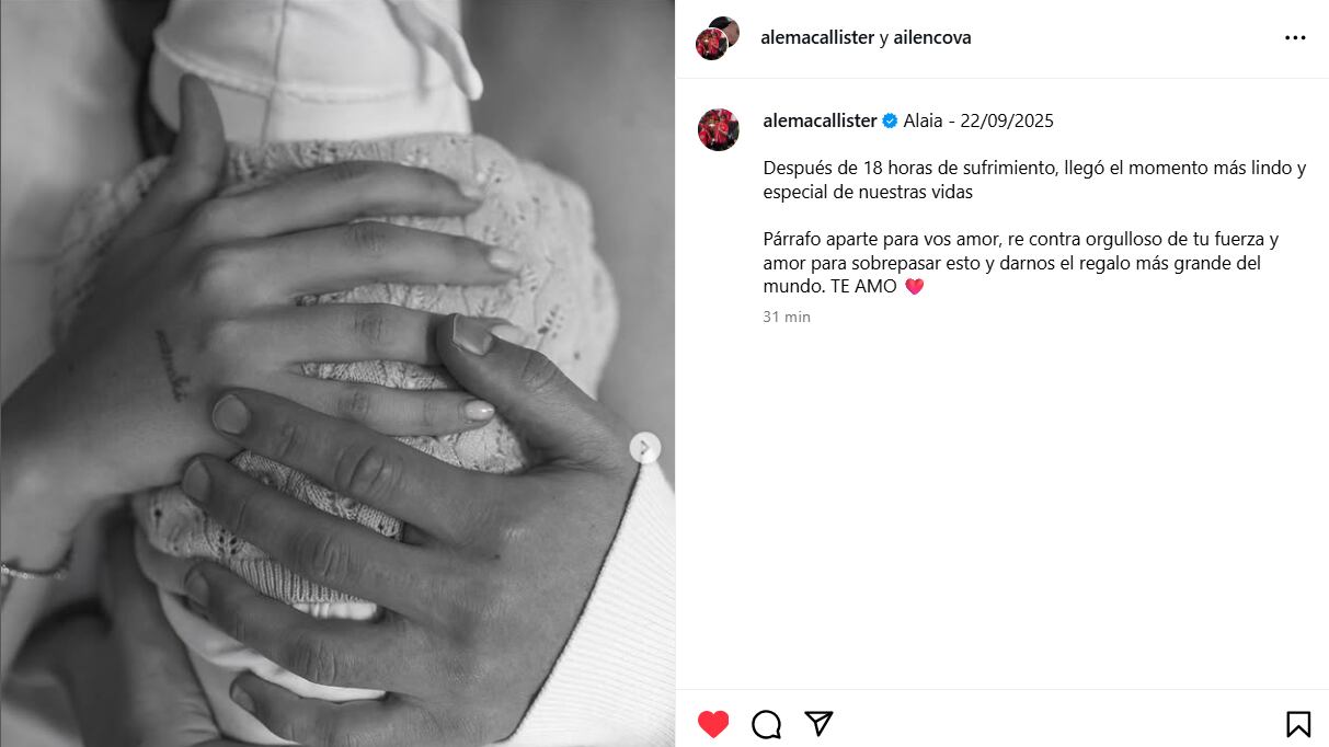El tierno posteo de Alexis Mac Allister y Ailén Cova tras el nacimiento de su hija