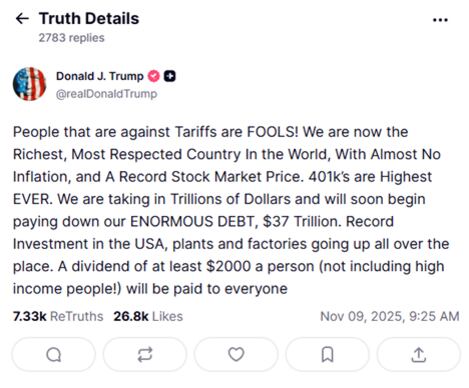 El mensaje de Trump en donde afirma que se pagará un dividendo de al menos 2000 dólares por persona