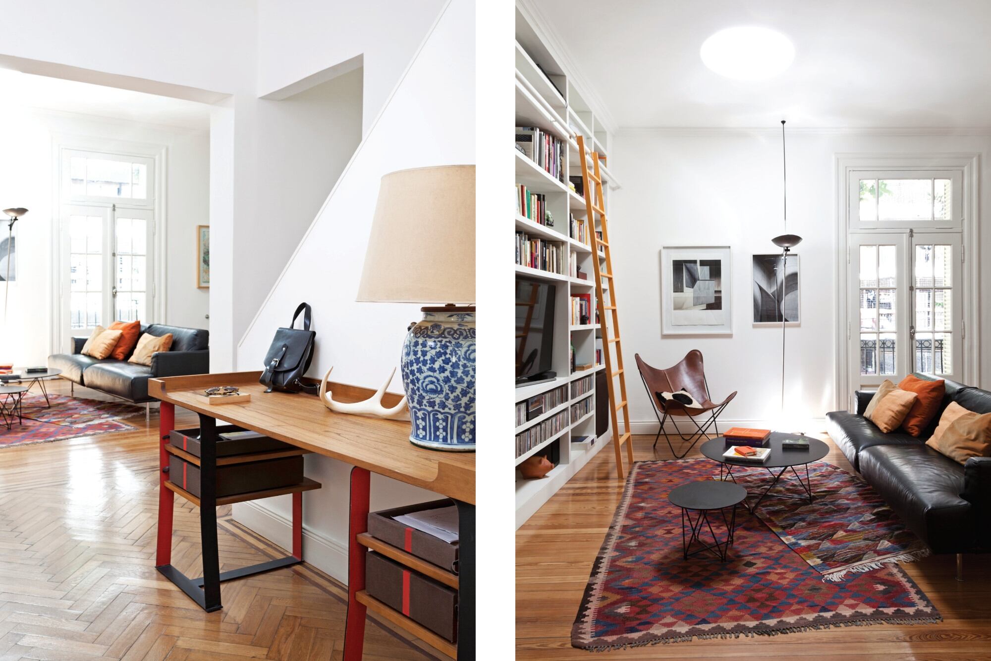 Izq.: El escritorio de Eugenio Aguirre convive en armonía con la lámpara de porcelana heredada. Der.: La lámpara de pie, la alfombra marroquí y el sillón de cuero negro se complementan con par de mesas ‘Edén’ circulares de hierro (Federico Churba).
