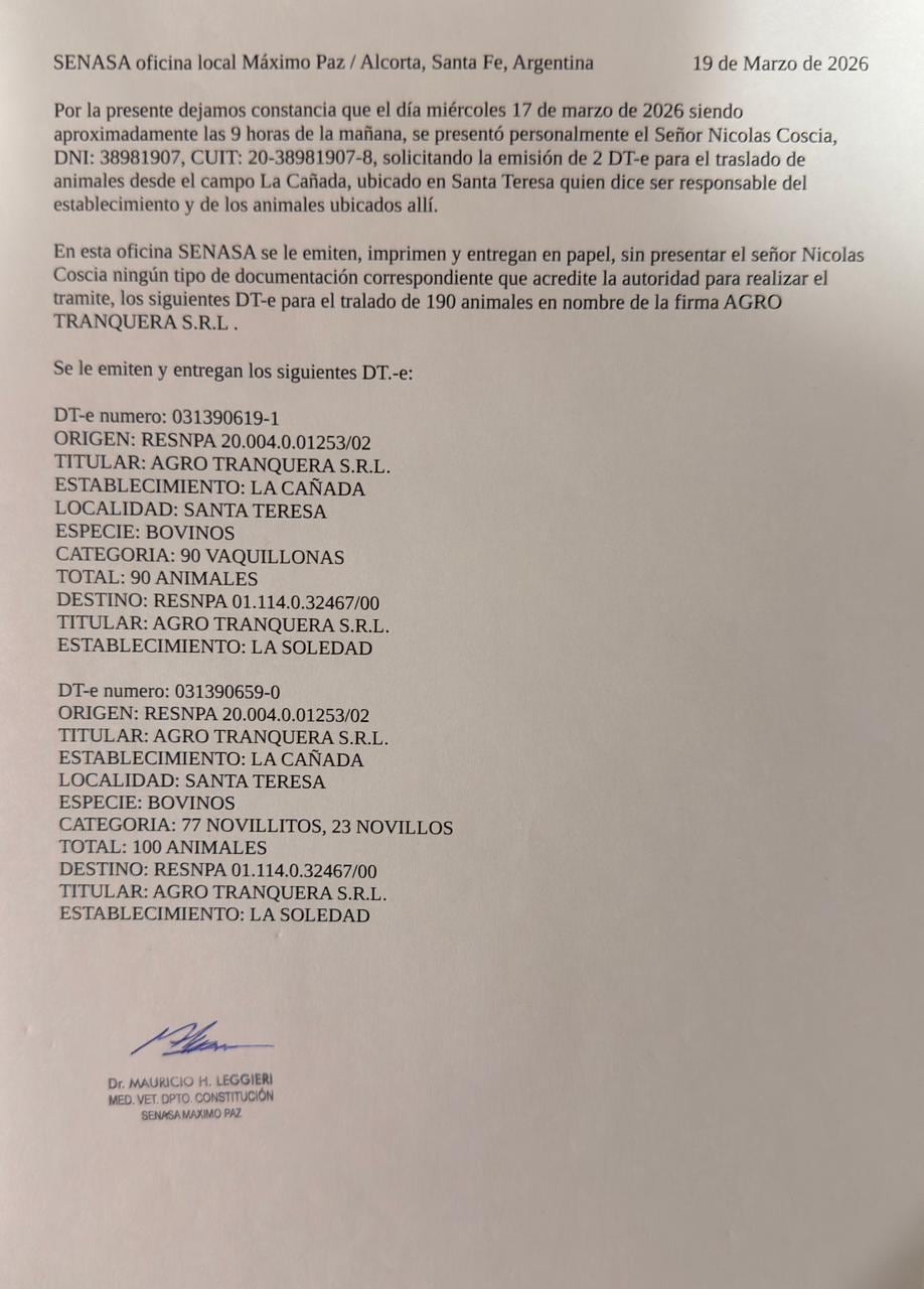 Constancia del Senasa que registraría la anulación de un Documento de Tránsito Electrónico (DT-e) por 100 bovinos, con motivo consignado como “otros – estafa”, emitida el 17 de marzo de 2026