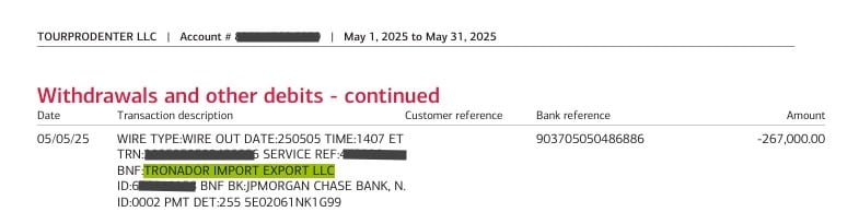 Una de las transferencias de TourProdEnter a Tronador Import Export LLC