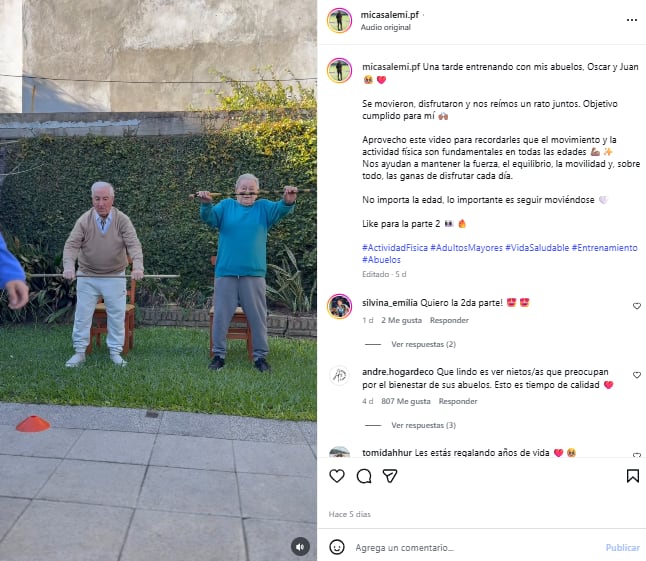 Micaela es profesora de educación física y compartió en sus redes la rutina que armó para entrenar con sus abuelos (Foto: Captura de video / Instagram @micasalemi.pf)
