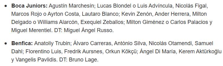 Boca vs Benfica: las probables formaciones para esta tarde