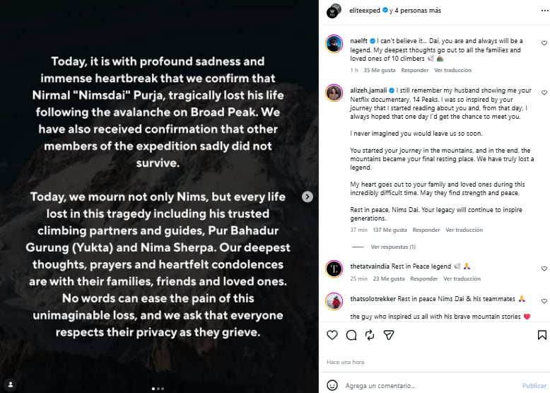 La noticia fue confirmada por la empresa del alpinista a través de un comunicado en redes sociales (Foto: Instagram @eliteexped)