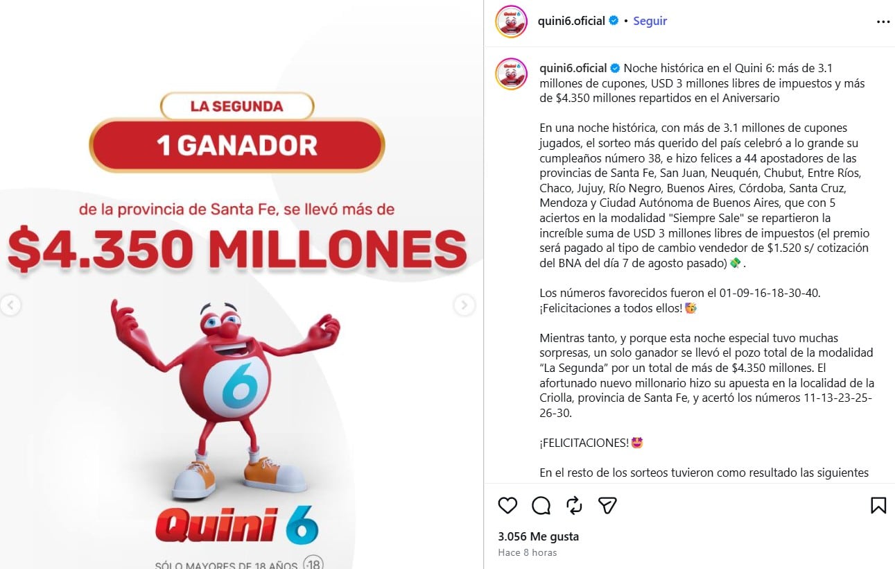 El ganador del Quini 6