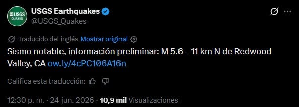 El informe del USGS en redes sociales sobre el sismo que se registró al norte de California