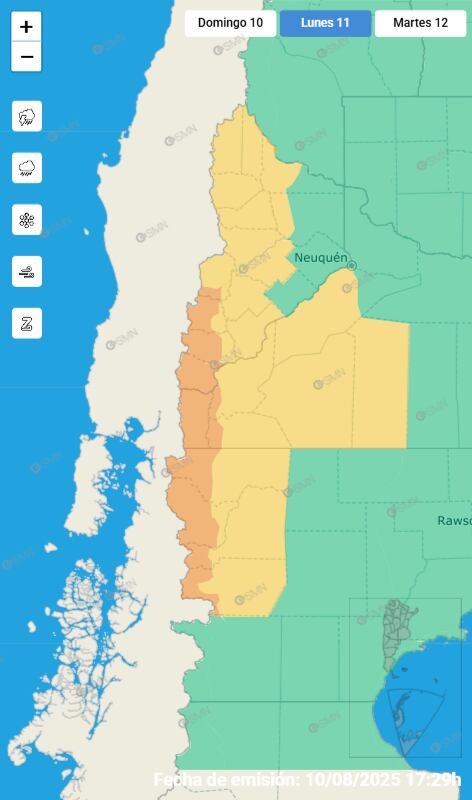 Las provincias alcanzadas por alertas amarillas y naranjas para este lunes 11 de agosto