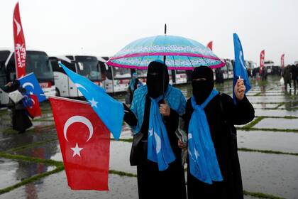 Activistas agitan banderas turcas y orientales mientras esperan participar en el Convoy de Conciencia Internacional 