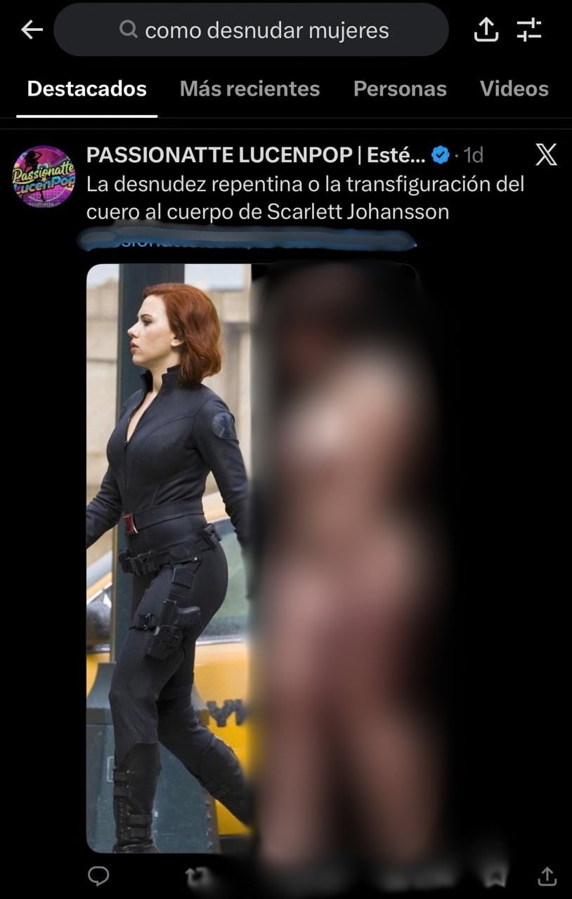 Una cuenta de X promociona un sitio de creación de deepfakes porno con una imagen generada artificialmente de la actriz Scarlett Johanson; la publicación se encuentra fácilmente con una búsqueda de palabras clave