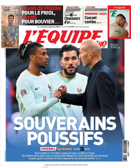La tapa del diario deportivo L'Equipe, con el foco principal en el estreno de Zidane en la selección de fútbol y, arriba, las penas para los asesinos del ex rugbier argentino.
