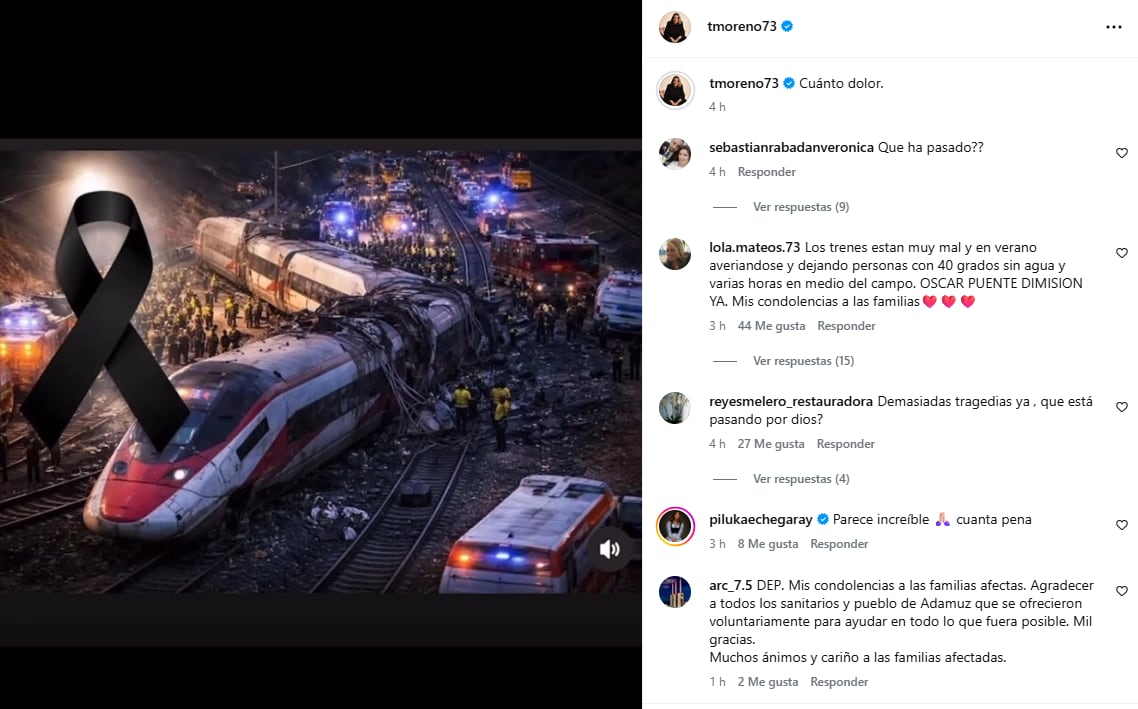 La periodista Toñi Moreno expresó en sus redes el dolor por el accidente de trenes que dejó más de 30 muertos y cientos de heridos
