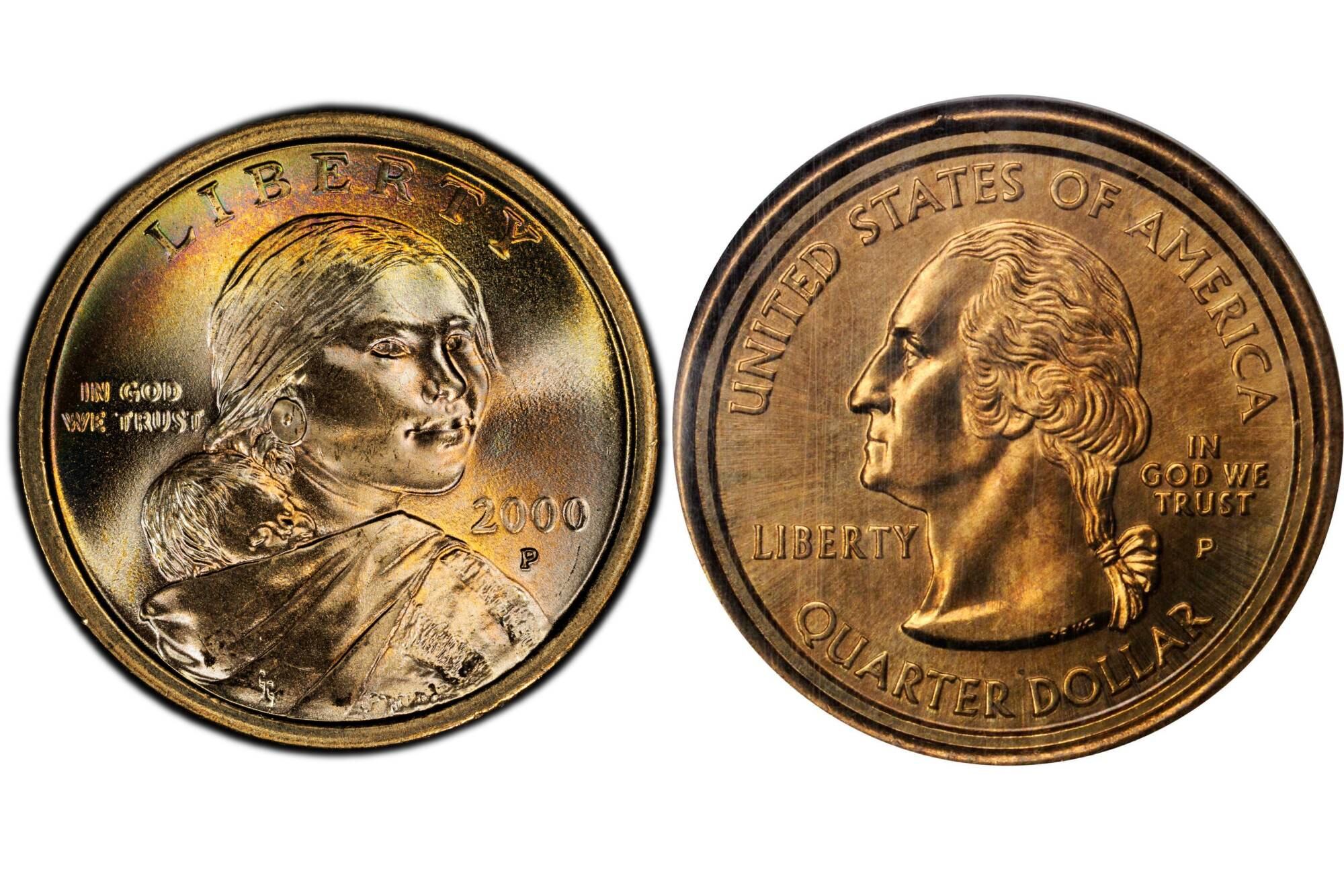 La pieza debería presentar la imagen de Sacagawea con un niño en un papoose; sin embargo, presenta el retrato de Washington