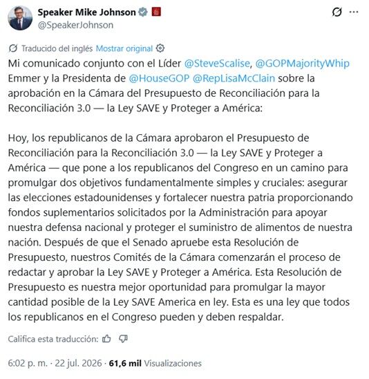 Mike Johnson sobre la ley SAVE America tras lo ocurrido en Nueva Jersey