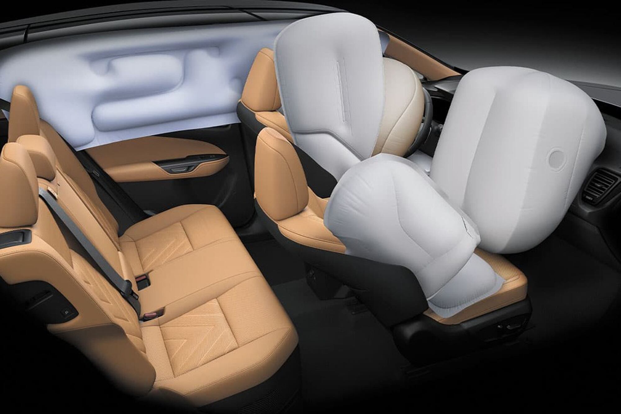Ofrece ocho airbags, compuesto por dos airbags frontales, dos laterales frontales, dos de cortina delanteros y traseros, uno de rodilla para el conductor y uno delantero central 
