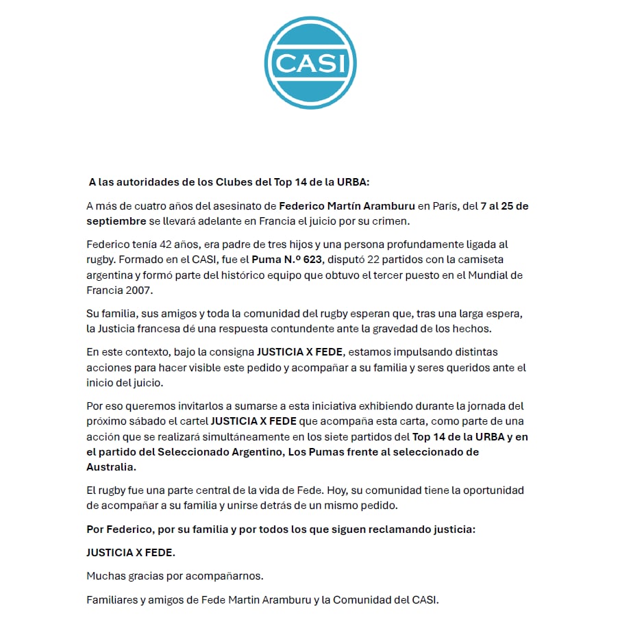 El comunicado de CASI con el pedido para el rugby argentino por Federico Martín Aramburú