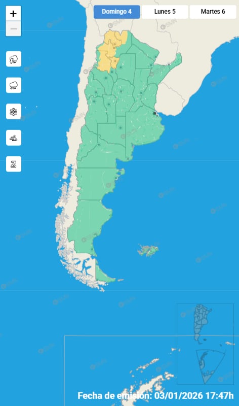 Mapa de alertas para este domingo 4 de enero