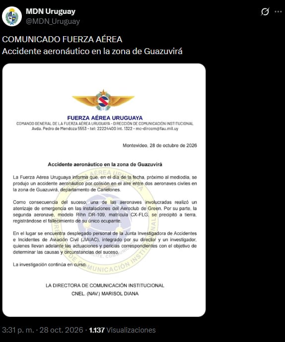 El comunicado que compartió la Fuerza Aérea uruguaya