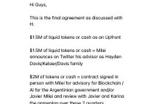 Una anotación en el celular de Novelli detalla un presunto acuerdo por US$5 millones por el apoyo de Milei al lanzamiento de $LIBRA 5 Captura