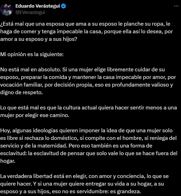 Comentarios de Eduardo Verástegui sobre la mujer y el feminismo (X @Everastegui)