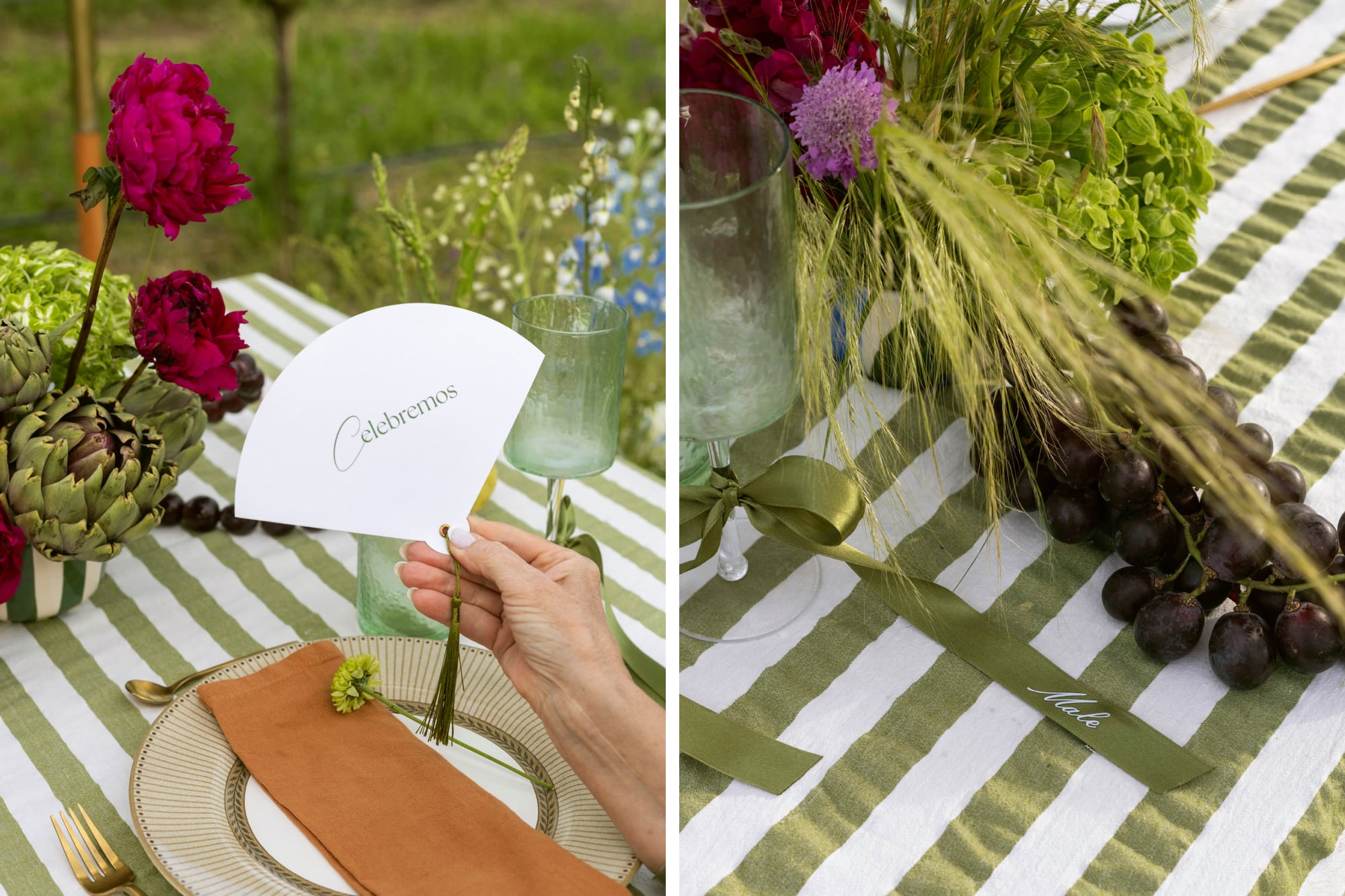 Para las copas se diseñó especialmente una cinta con el nombre de su comensal. Diseño del abanico y cinta (Lemontea). Vajilla (La Melange).