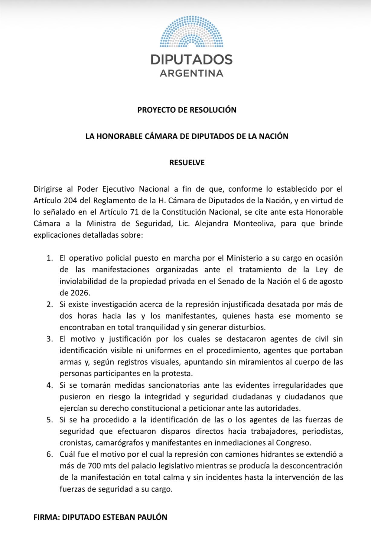 Piden explicaciones al Gobierno por la represión de “agentes armados sin uniforme” en la última marcha en el Congreso.