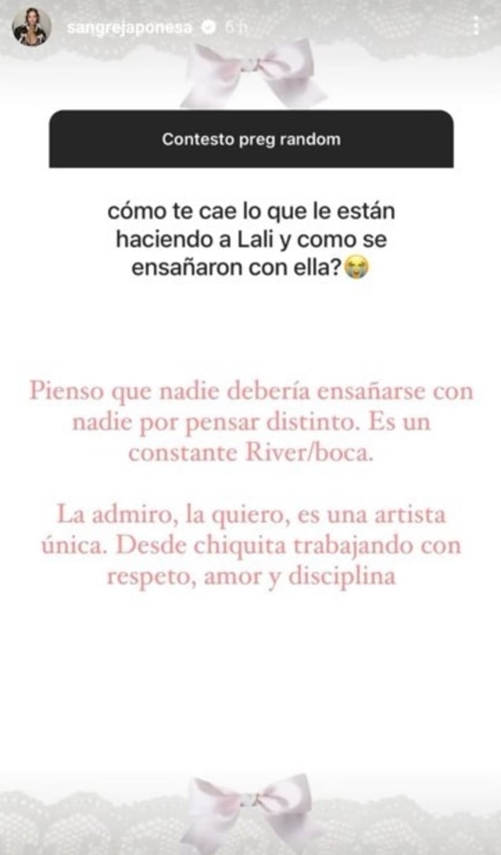 El comentario de Eugenia Suárez sobre la disputa entre Lali Espósito y Javier Milei (Foto: Instagram @sangrejaponesa)