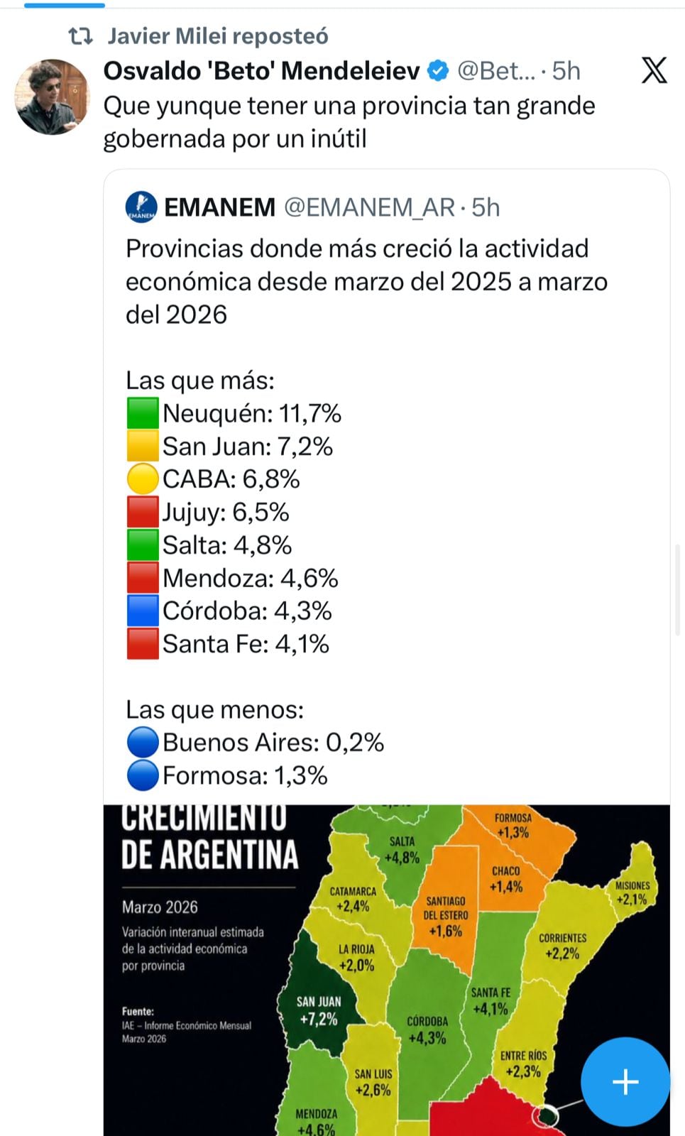 El mapa sin Tucumán que compartió Milei