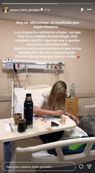 Denisse González reconoció que los últimos resultados que obtuvo no fueron los esperados y continuará internada (Foto: Instagram @denisse_belen_gonzalez)