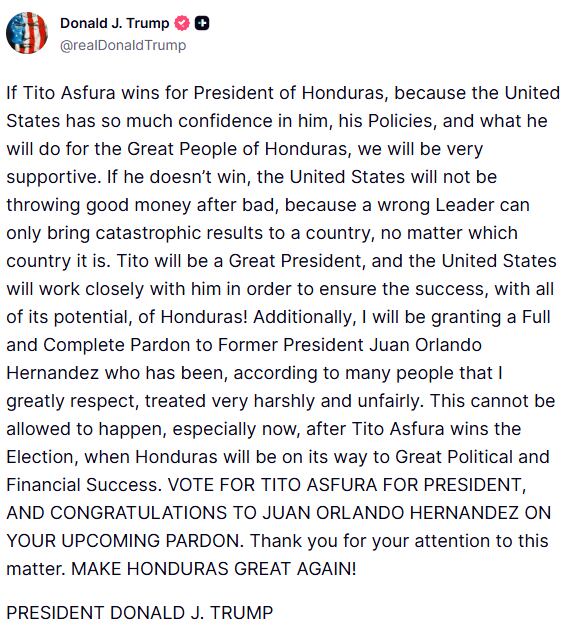 El mensaje de Donald Trump donde dice que indultará a Juan Orlando Hernández
