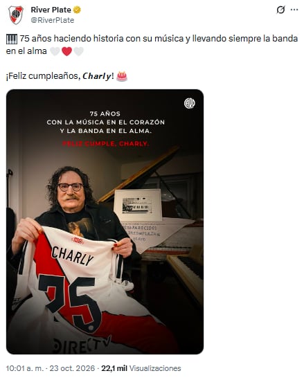 River saludó a Charly García por su cumpleaños (Foto: X @RiverPlate)