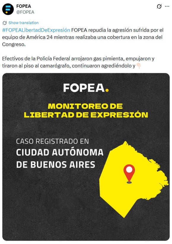 ¿Qué dice el comunicado de la PFA sobre los incidentes en el Congreso con Greenpeace? 6 La publicacion de FOPEA tras los incidentes en el Congreso (X: @FOPEA)