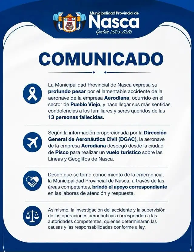 El comunicado de la Municipalidad sobre el accidente de avioneta en Nasca, Perú