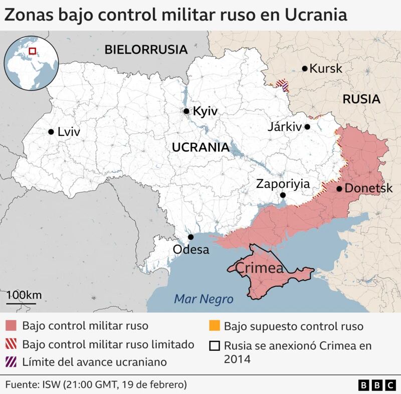 Mapa de las zonas en Ucrania que están bajo control militar ruso