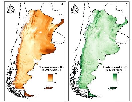 Mapa de almacenamiento de carbono orgánico del suelo (COS) (Mgha-1, 0-30 cm) en los suelos de Argentina (a) y mapa de incertidumbre de la predicción (b)