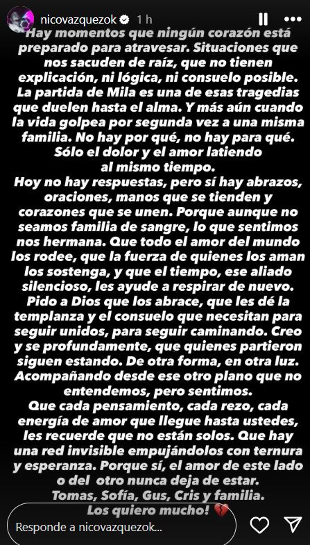 El mensaje desgarrador que escribió Nico Vázquez tras la muerte de Mila (Foto: Captura Instagram)