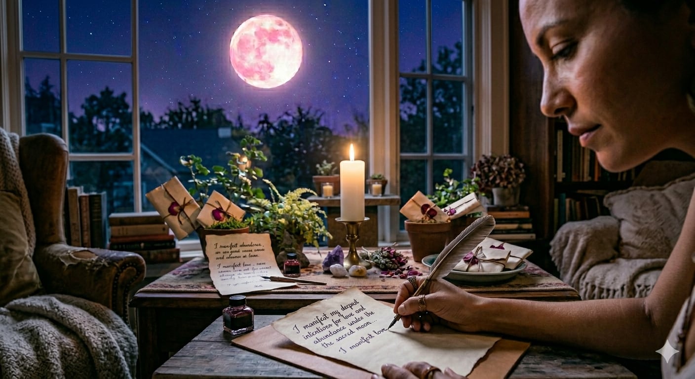 La Luna Rosa es la oportunidad para hacer el ritual de la carta de manifestación (imagen ilustrativa generada con IA)