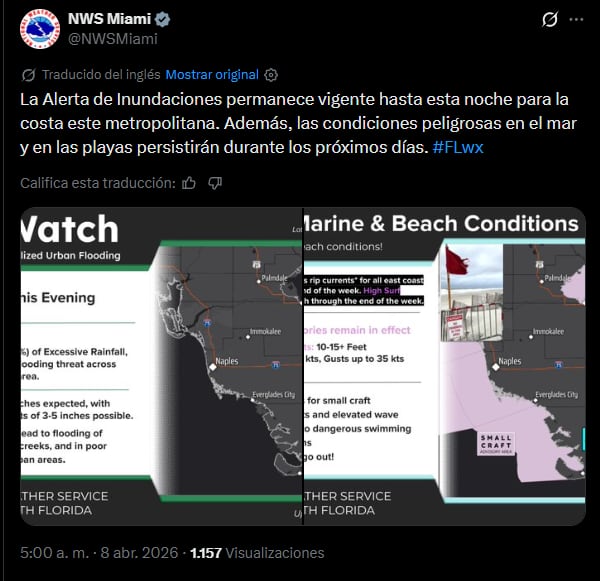 La advertencia en redes sociales del NWS con sede en Miami