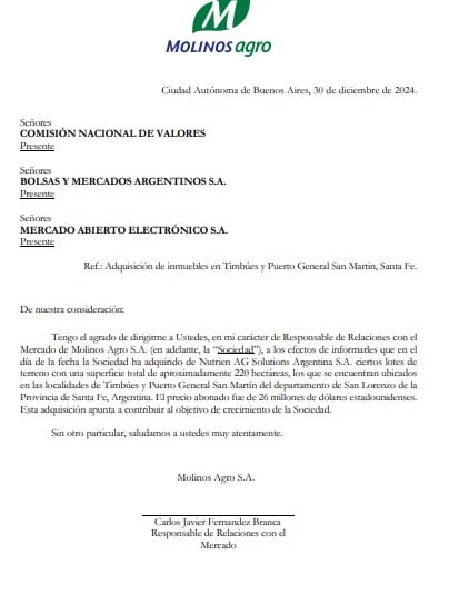 La carta de la empresa a la CNV