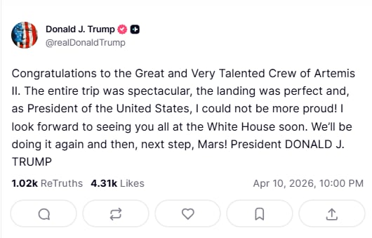 El mensaje de Donald Trump tras el amerizaje de la misión Artemis II