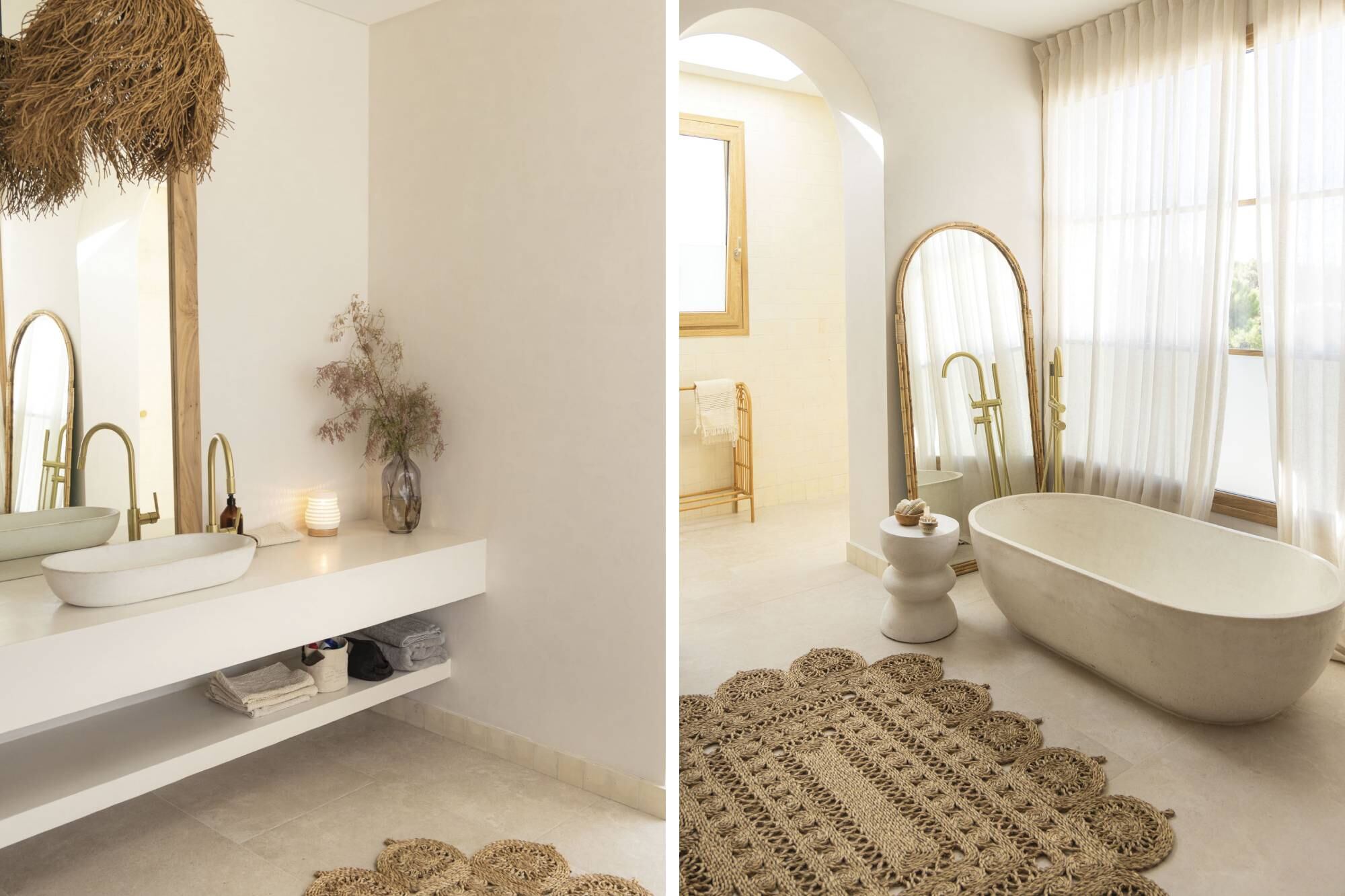 Espejo rectangular ‘Bari’ (Sol Palou Deco), bacha de apoyo y bañadera exenta ‘Kahlo’ (Cóncavo Estudio) de concreto. Griferías doradas (Peirano). Alfombra de yute ‘Mandala’ (Sol Palou Deco)