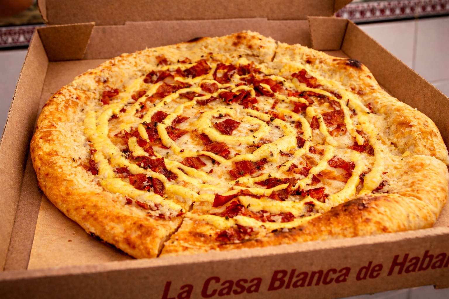 Una pizza inspirada en la carbonara en La Casa Blanca de Habana