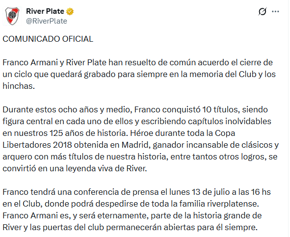 El comunicado de River