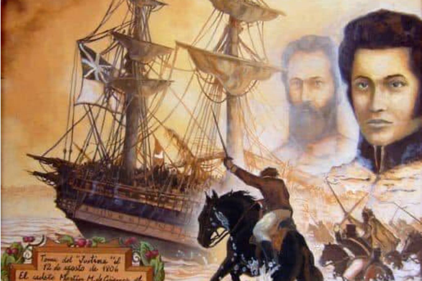 La toma del Justine. La hazaña de Güemes durante las invasiones inglesas: rindió a la marina británica con una carga de caballería 7 Pintura de la toma del Justine realizada por Juan Francisco Cancio Lazo