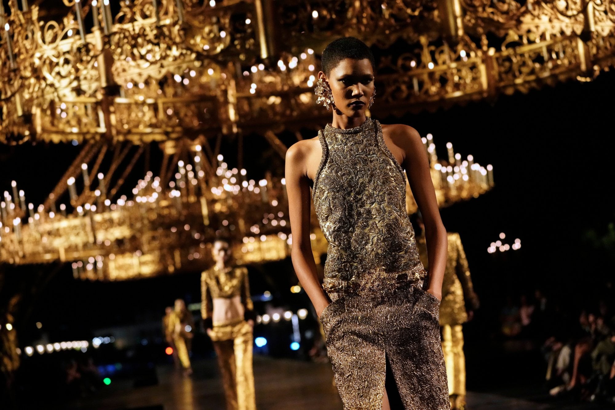 A model wears a creation as part of the Saint Laurent Womenswear Spring Summer 2027 collection presented in Paris, France, Tuesday, Sept. 29, 2026. (AP Photo/Teresa Suarez)