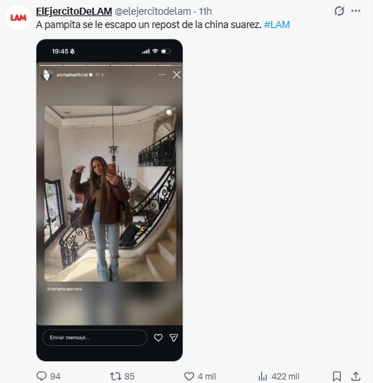 Pampita compartió en sus historias de Instagram un posteo de la China Suárez y rápidamente lo eliminó (Foto: X @elejercitodelam)