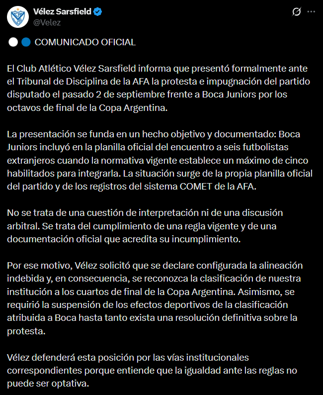 Vélez le pidió a la AFA la impugnación del partido contra Boca luego de que incluyera seis jugadores extranjeros en el plantel